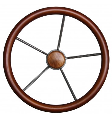 Bootslenkrad 350 mm – 5 Speichen aus Edelstahl mit Mahagoni-Rand  www.e-nautica.de