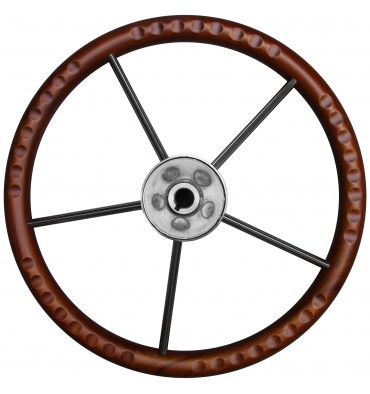 Bootslenkrad 350 mm – 5 Speichen aus Edelstahl mit Mahagoni-Rand